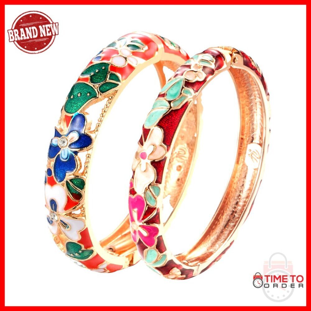 Spring Hinged Bangle Bracelet Set, Alloy Metal with Enamel Flower Design, 2.4